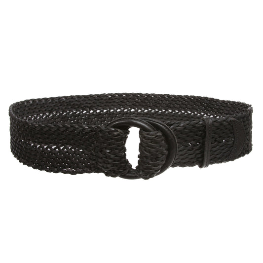Women's 2 1/4" Wide Braided Genuine Leather Waist Belt with Double O-Ring Buckle for Dresses