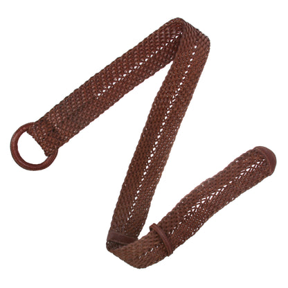Women's 2 1/4" Wide Braided Genuine Leather Waist Belt with Double O-Ring Buckle for Dresses