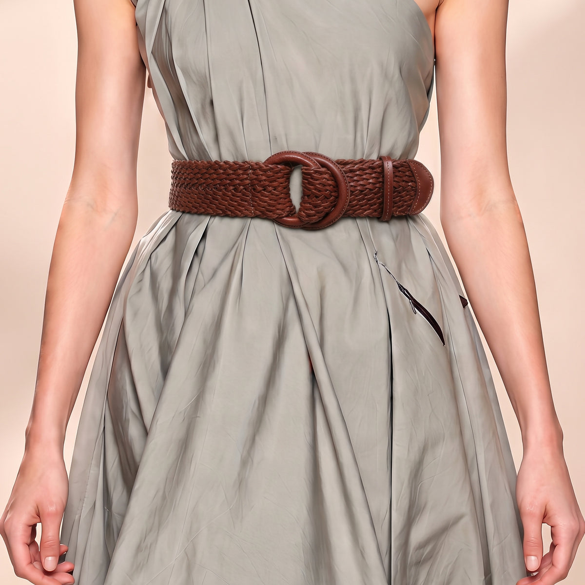 Women's 2 1/4" Wide Braided Genuine Leather Waist Belt with Double O-Ring Buckle for Dresses