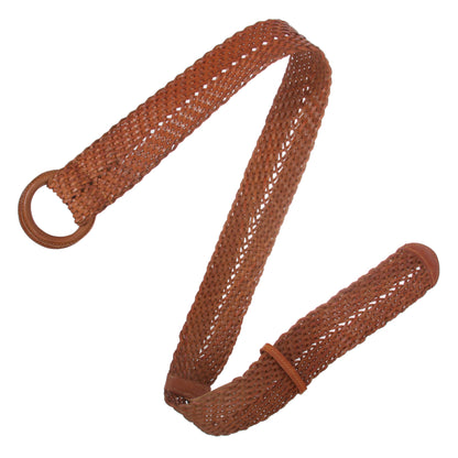 Women's 2 1/4" Wide Braided Genuine Leather Waist Belt with Double O-Ring Buckle for Dresses