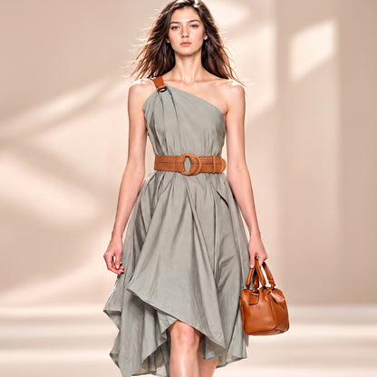 Women's 2 1/4" Wide Braided Genuine Leather Waist Belt with Double O-Ring Buckle for Dresses