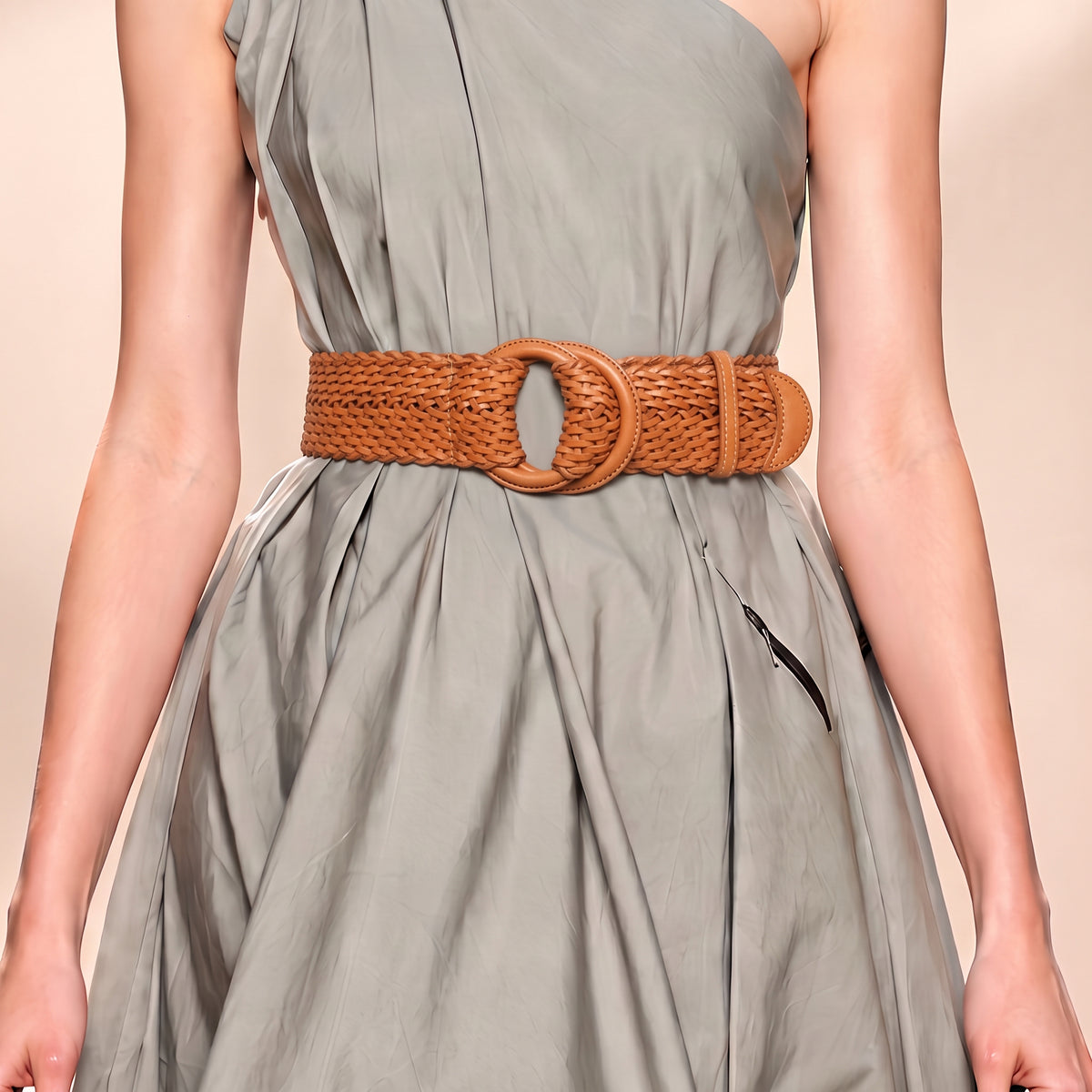 Women's 2 1/4" Wide Braided Genuine Leather Waist Belt with Double O-Ring Buckle for Dresses