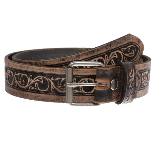 Two Tone Embossed Detailing Sanding Soft Hand Vintage Cowhide Leather Belt