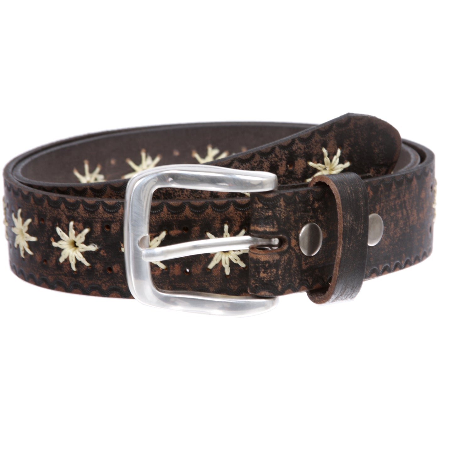 1 1/2" (38 mm) Snap on Western Vintage Embossed Sunflower Leather Belt