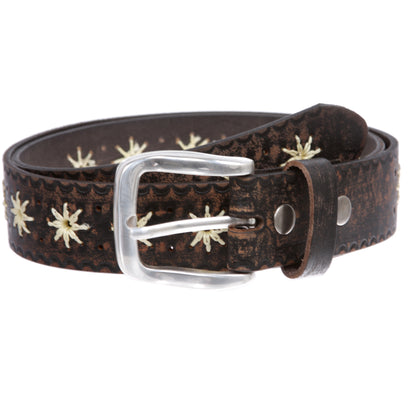 1 1/2" (38 mm) Snap on Western Vintage Embossed Sunflower Leather Belt