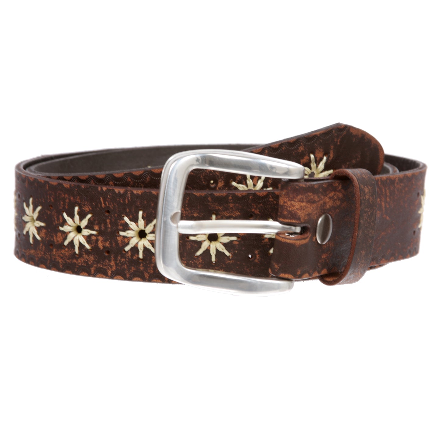 1 1/2" (38 mm) Snap on Western Vintage Embossed Sunflower Leather Belt