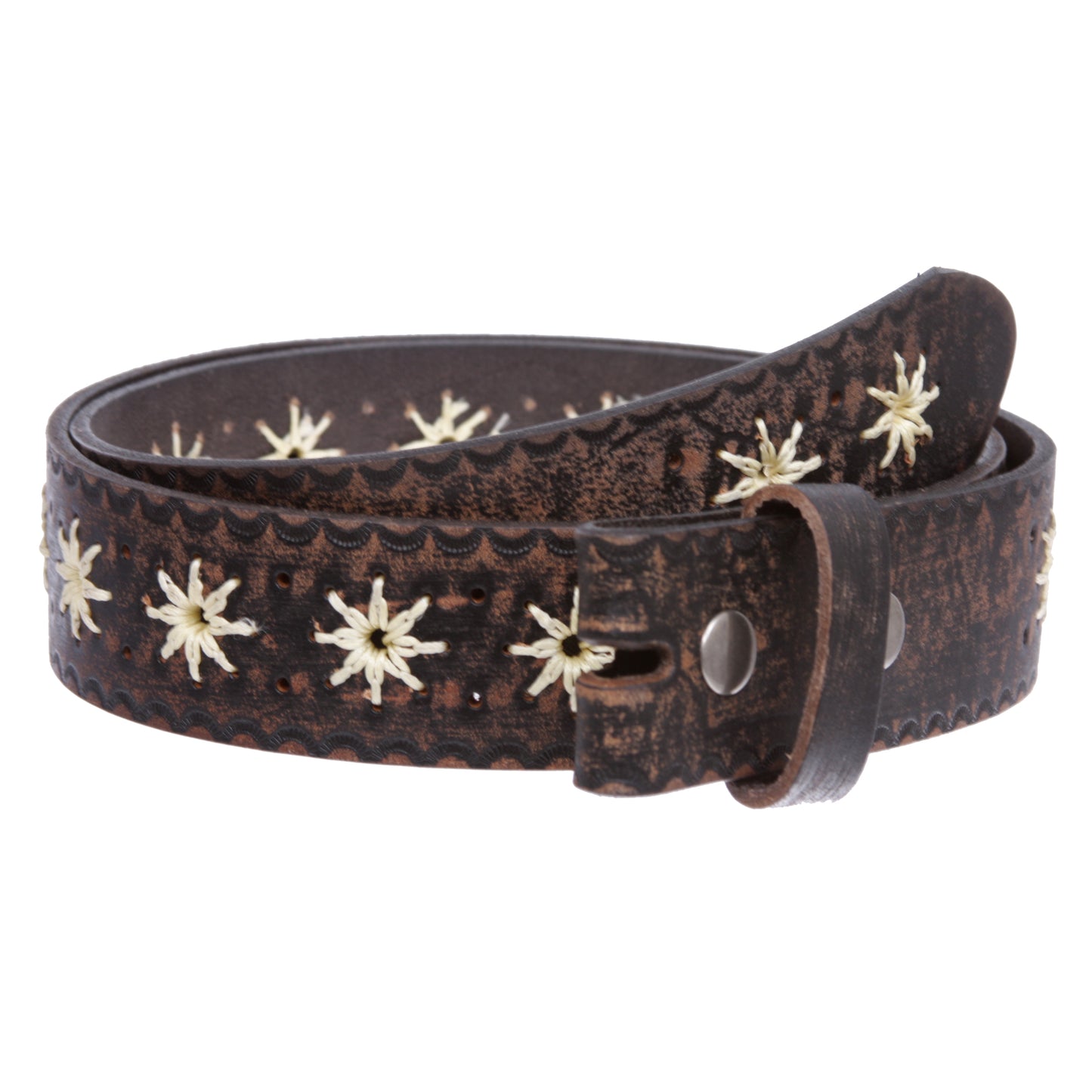 Women's 1.5" Sunflower Embossed Vintage Leather Belt Strap -100% Cowhide