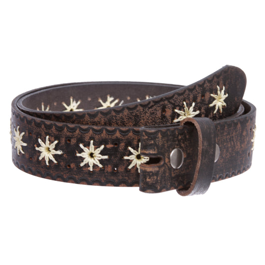 Women's 1.5" Sunflower Embossed Vintage Leather Belt Strap -100% Cowhide