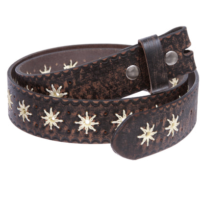 Women's 1.5" Sunflower Embossed Vintage Leather Belt Strap -100% Cowhide