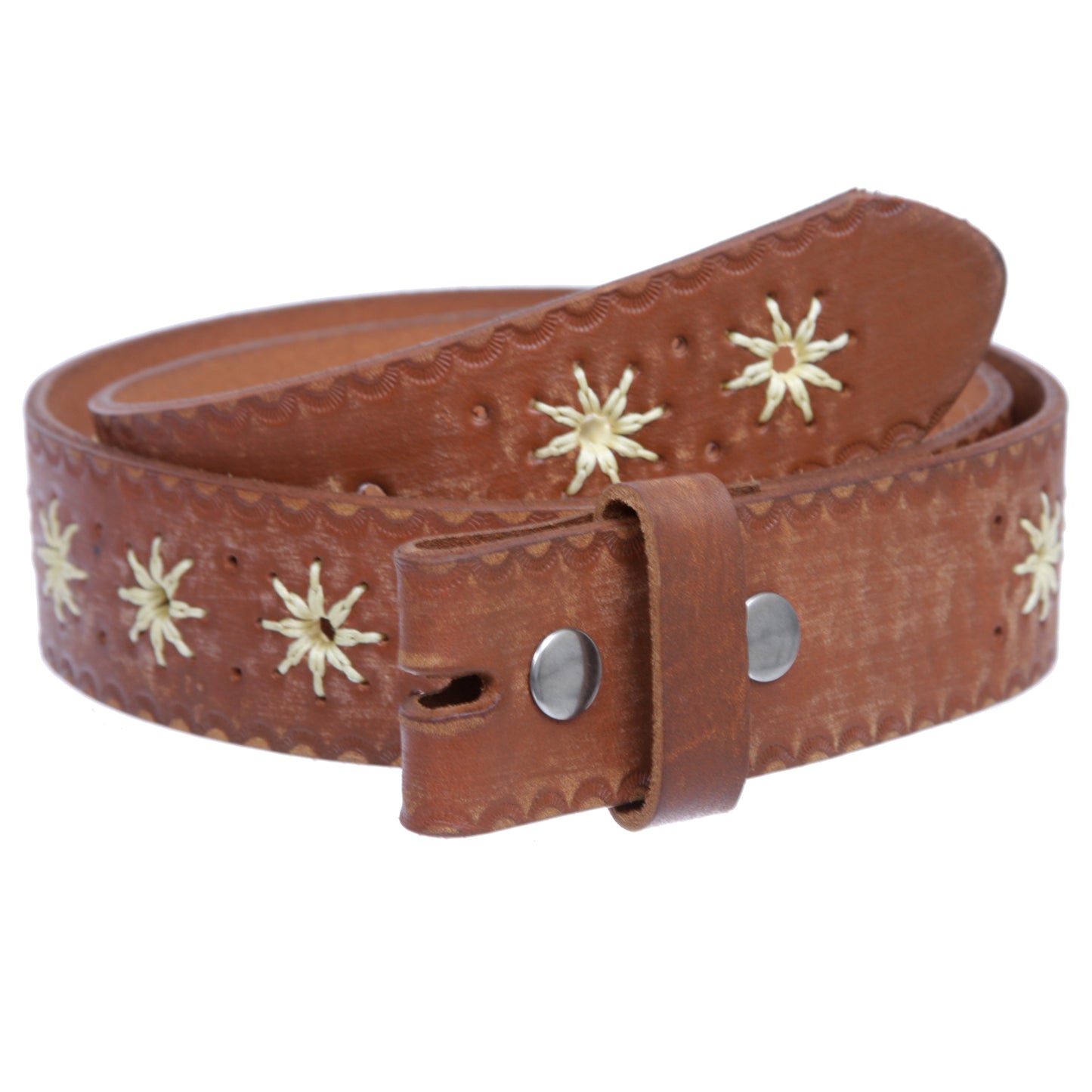 Women's 1.5" Sunflower Embossed Vintage Leather Belt Strap -100% Cowhide