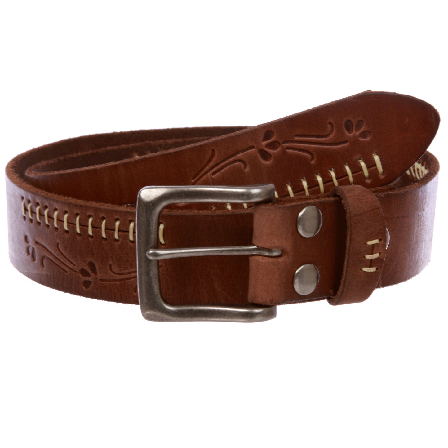 Snap On Floral Embossed Stitching Full Grain Leather Belt