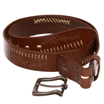 Snap On Floral Embossed Stitching Full Grain Leather Belt