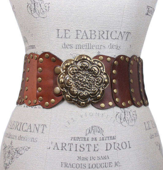 Women's Wide High Waist Full Grain Leather Studed Link Belt