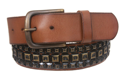 Snap On Three Row Punk Rock Star Metal Distressed Brass Studded Vintage Full Grain Leather Belt