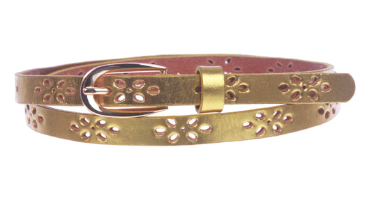 Women's 1/2" (12mm) Skinny Perforated Floral Hollow Out One Piece Cowhide Full Grain Leather Belt