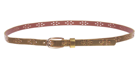 Women's 1/2" (12mm) Skinny Perforated Floral Hollow Out One Piece Cowhide Full Grain Leather Belt