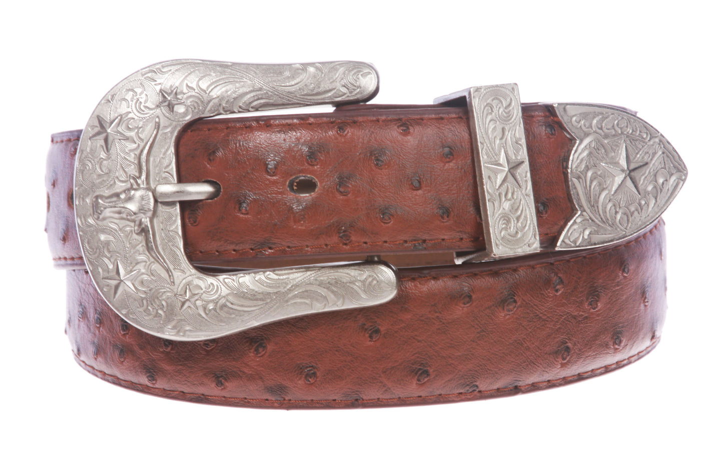 Western Faux Ostrich Print Stitching-Edged Leather Belt