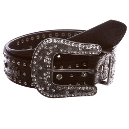 Western Faux Crocodile Print Cross Concho Rhinestone Studded Leather Belt