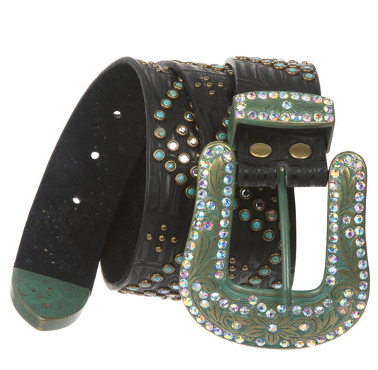 Ladies Western Turquoise Rhinestone Studded Genuine Leather Belt