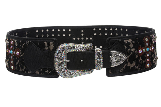 Womens 3 1/2'' Wide Western High Waist Animal Fur Rhinestone Cross Ornaments Contour Belt