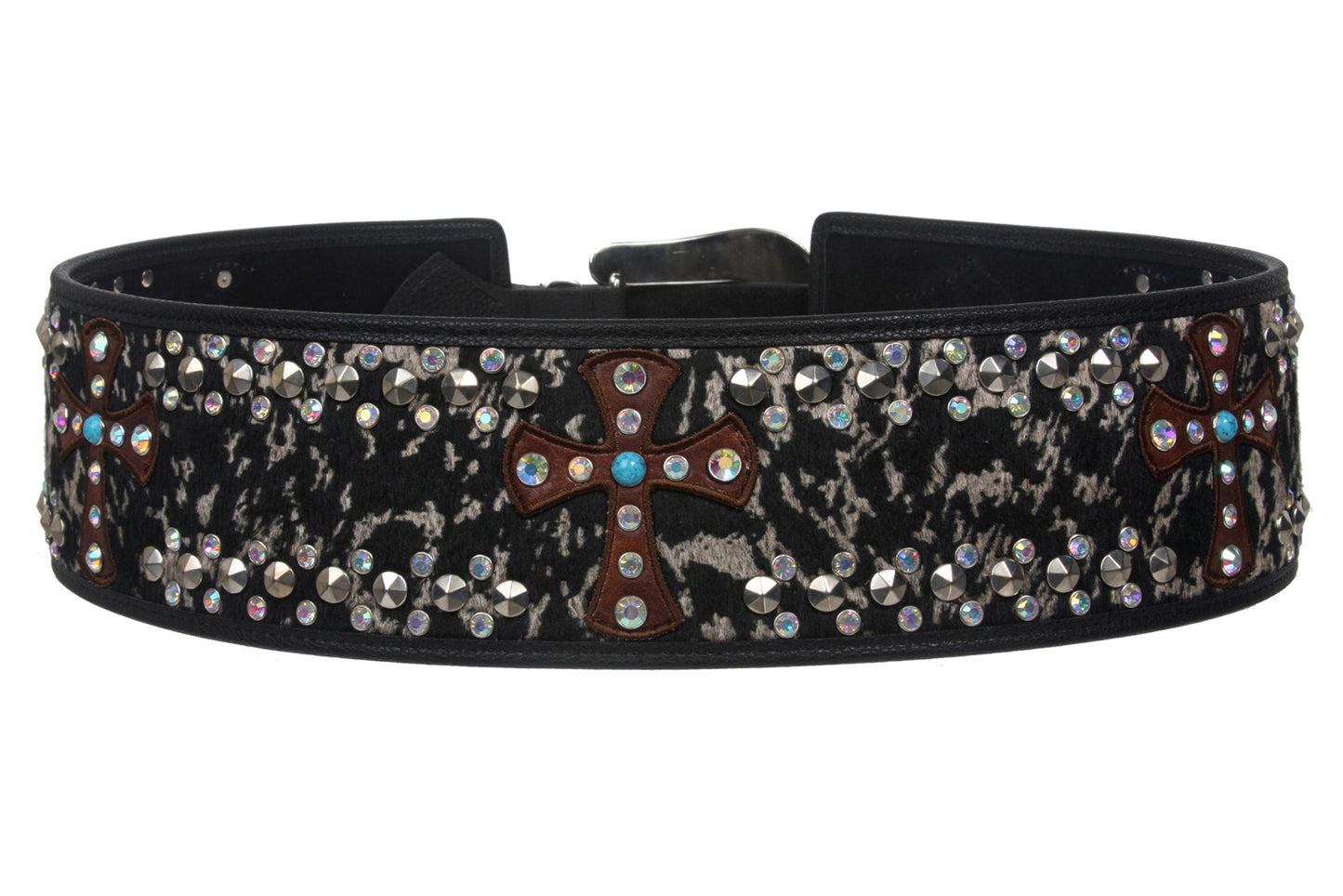 Womens 3 1/2'' Wide Western High Waist Animal Fur Rhinestone Cross Ornaments Contour Belt