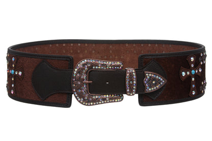 Womens 3 1/2'' Wide Western High Waist Animal Fur Rhinestone Cross Ornaments Contour Belt