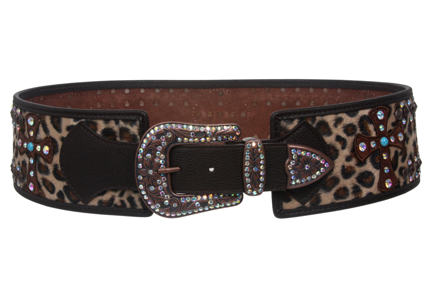 Womens 3 1/2'' Wide Western High Waist Animal Fur Rhinestone Cross Ornaments Contour Belt