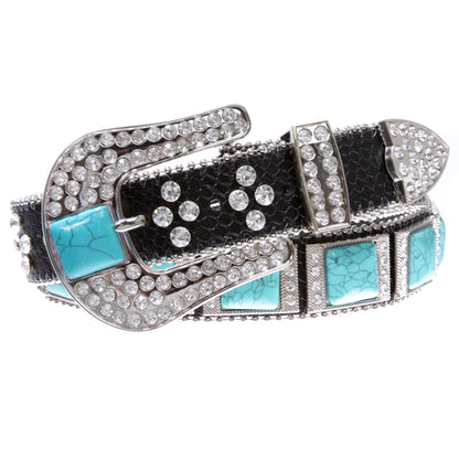 Cowboy Cowgirl Western Rhinestone Leather Belt with Big Turquoise Stone Concho