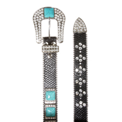 Cowboy Cowgirl Western Rhinestone Leather Belt with Big Turquoise Stone Concho