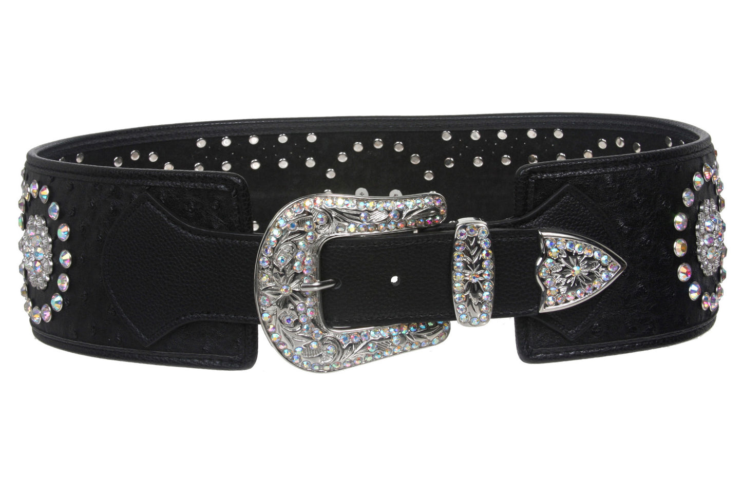 Women's Wide Contour High Waist Faux Ostrich Print Western Rhinestone Belt