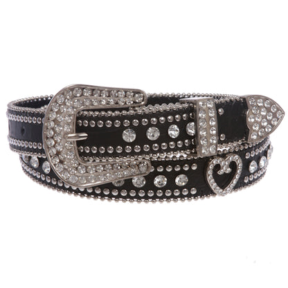 Women's Skinny Western Faux Crocodile Rhinestone Studs Heart Concho Leather Belt