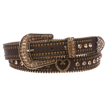 Women's Skinny Western Faux Crocodile Rhinestone Studs Heart Concho Leather Belt