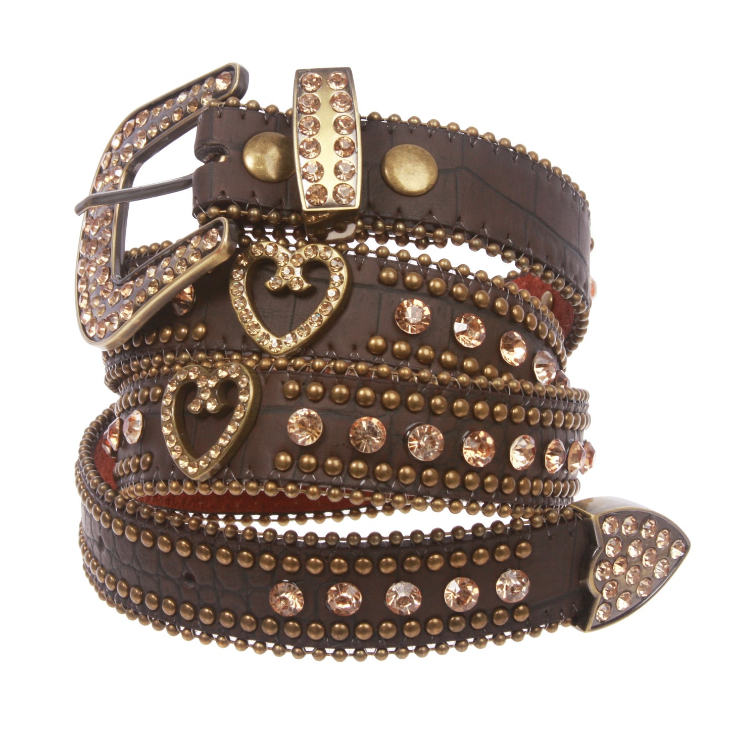 Women's Skinny Western Faux Crocodile Rhinestone Studs Heart Concho Leather Belt