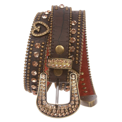 Women's Skinny Western Faux Crocodile Rhinestone Studs Heart Concho Leather Belt