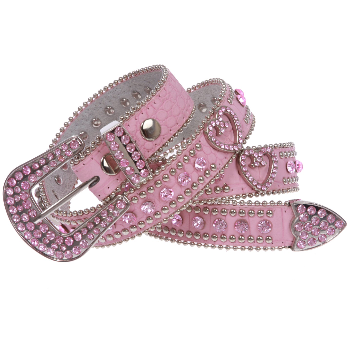 Women's Skinny Western Faux Crocodile Rhinestone Studs Heart Concho Leather Belt