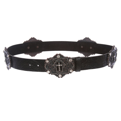 Snap On Floral Embossed Leather Rhinestone Cross Bling Belt