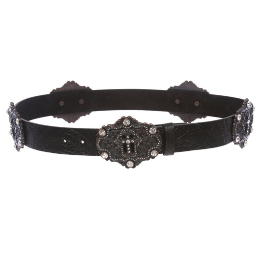 Snap On Floral Embossed Leather Rhinestone Cross Bling Belt