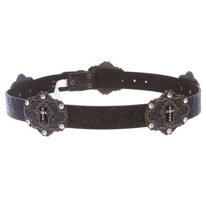 Snap On Floral Embossed Leather Rhinestone Cross Bling Belt