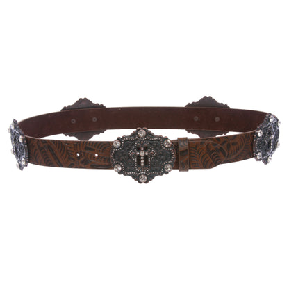 Snap On Floral Embossed Leather Rhinestone Cross Bling Belt