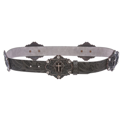 Snap On Floral Embossed Leather Rhinestone Cross Bling Belt