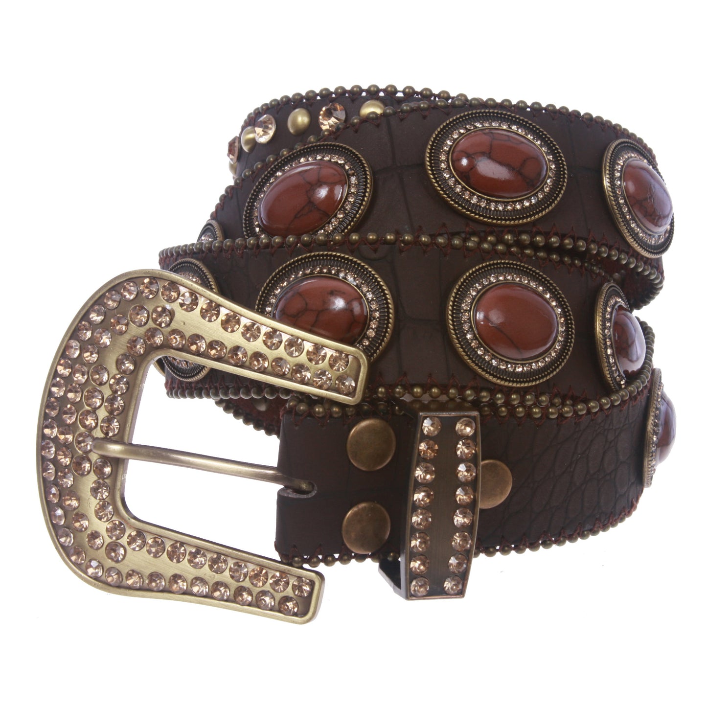 Snap On Western Crocodile Print Oval Brown Stone Studs Rhinestone Leather Belt