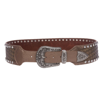 2 3/4" Wide Western Braided Woven Rhinestone Tapered Contour Leather Belt