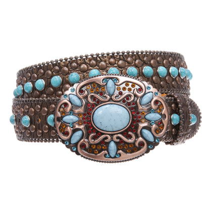 Western Turquoise Rhinestone Studded Faux Crocodile Print Genuine Leather Belt