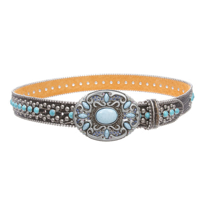 Western Turquoise Rhinestone Studded Faux Crocodile Print Genuine Leather Belt