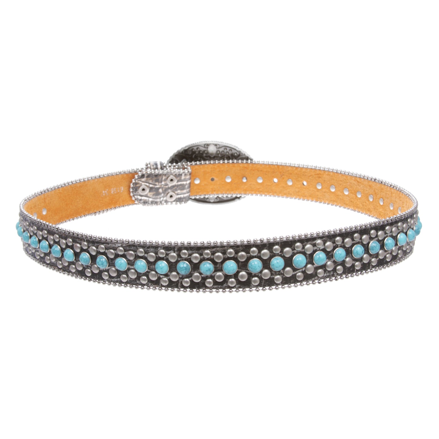 Western Turquoise Rhinestone Studded Faux Crocodile Print Genuine Leather Belt