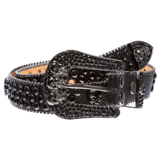 Cowboy Cowgirl Western Skull Rhinestone Bling Leather Belt for Men and Women