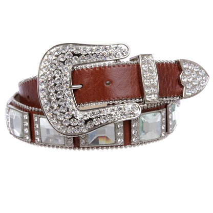 Western Square Rhinestone Ornaments Top Grain Genuine Leather Belt