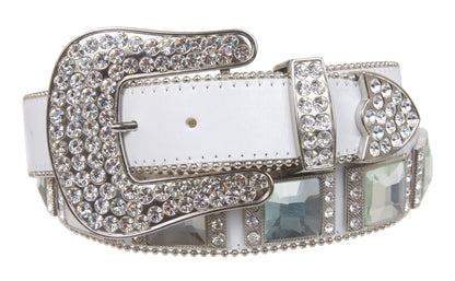 Western Square Rhinestone Ornaments Top Grain Genuine Leather Belt