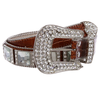 Western Cowgirl Alligator Rhinestone Concho Croco Print Leather Belt