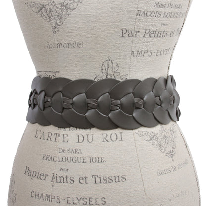 Ladies 3" (75 mm) Wide High Waist Round Disk Linked Braided Cowhide Top Full Grain Leather Belt
